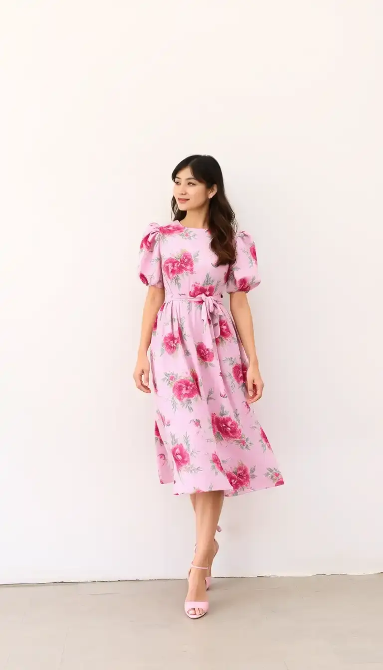 Pink Floral Dress with Puff Sleeves