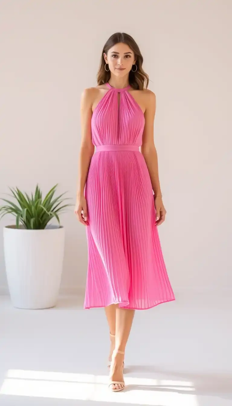 Pink Halter Dress with Pleats