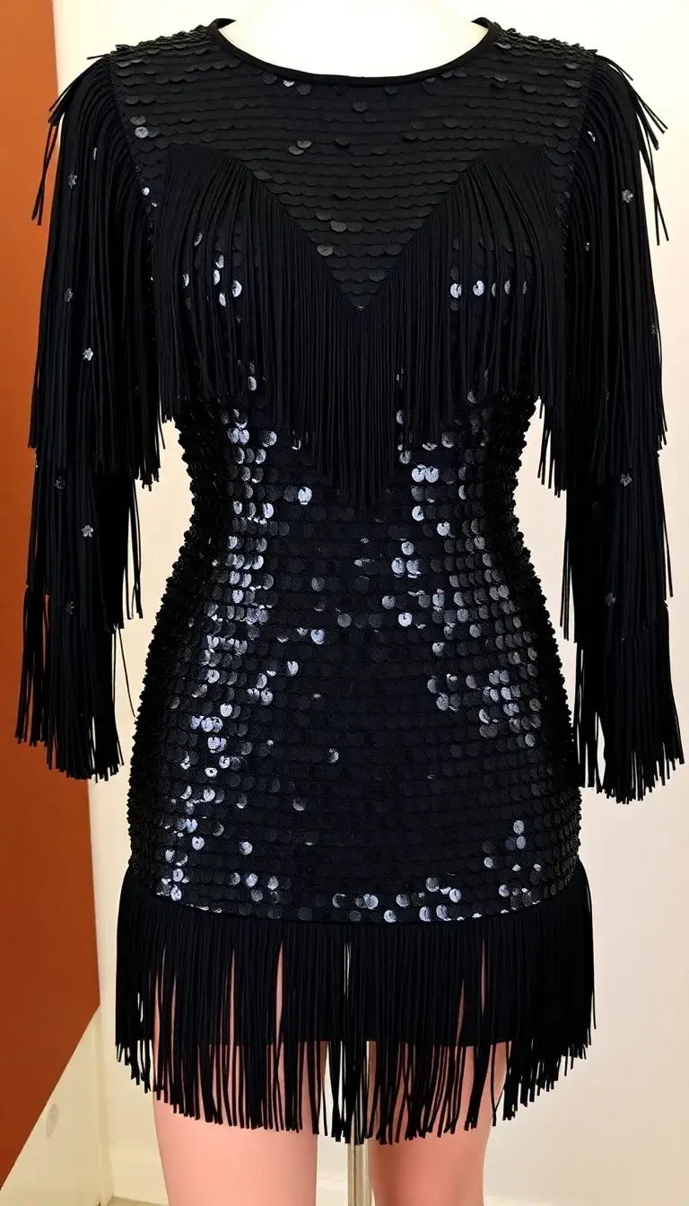 Black sequin dress with fringe