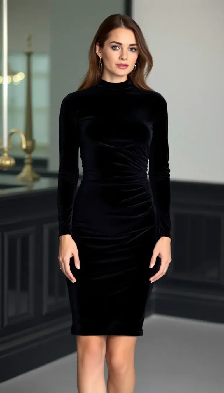 Velvet Black Mini Dress with Ruched Detail