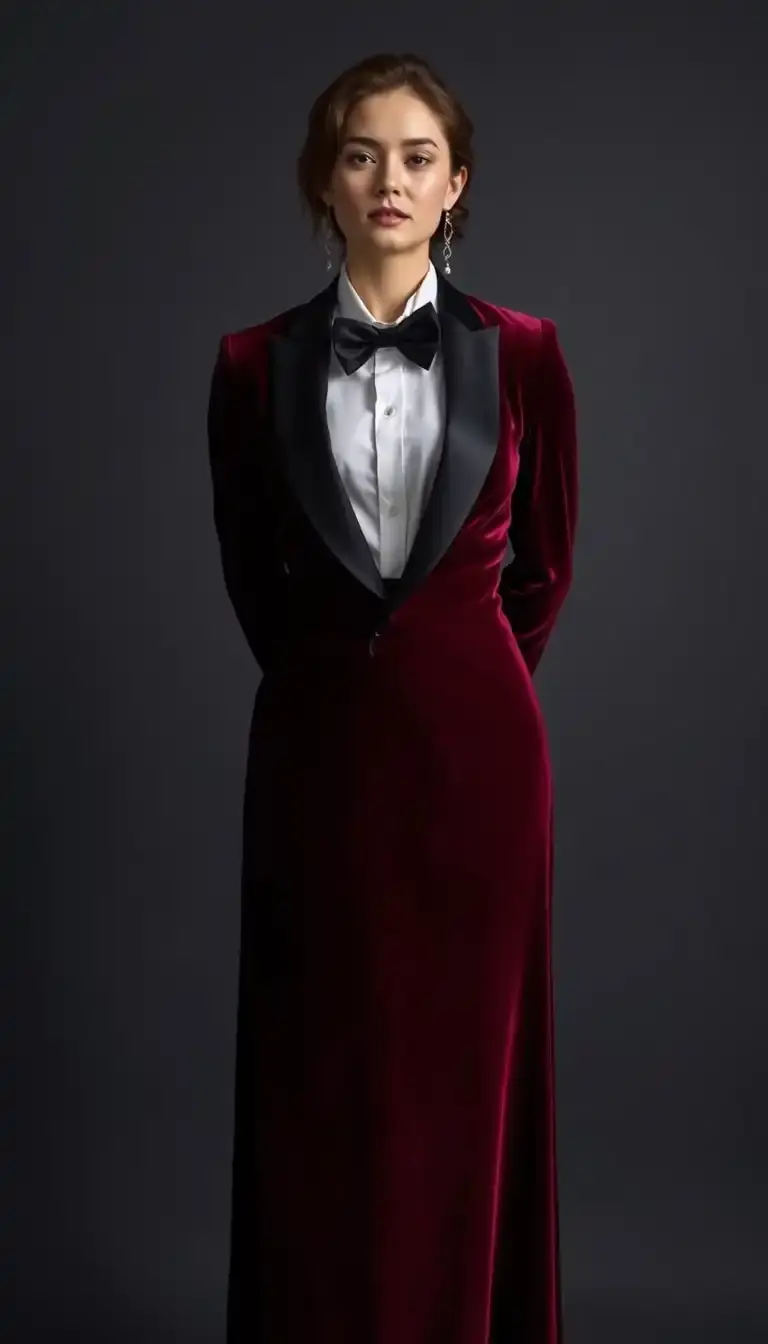 velvet black tie dress in burgundy
