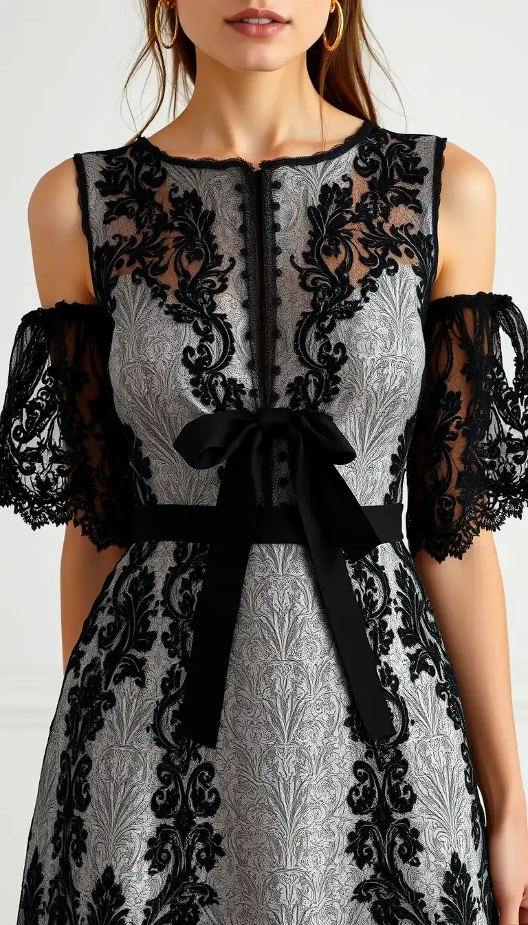 lace black tie dress in silver