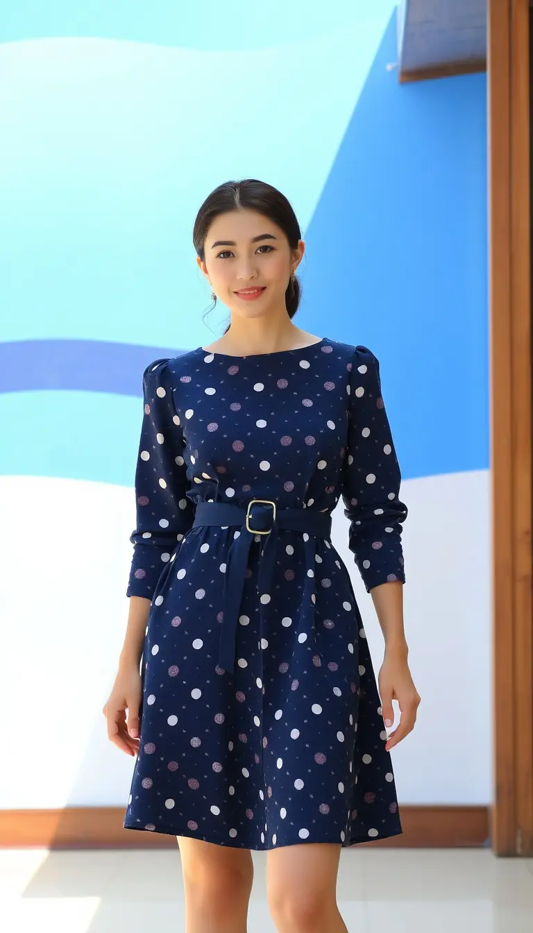 Navy Polka Dot Dress with belt