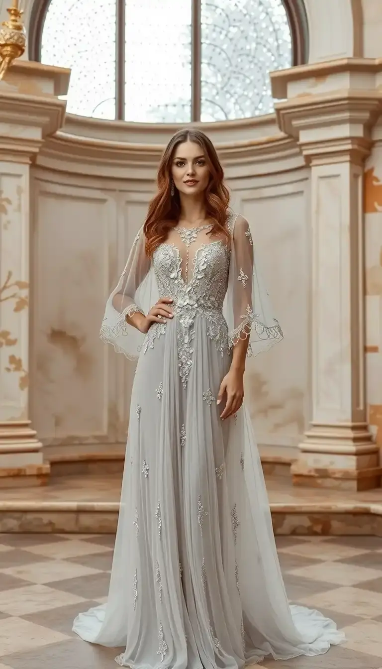 Silver Beaded Chiffon Gown with Cape Sleeves