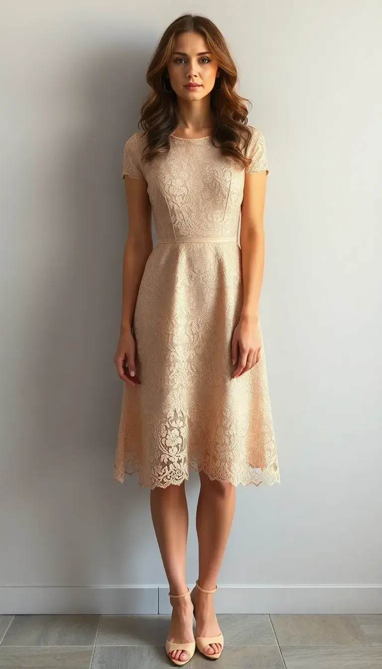 Champagne Lace A-Line Tea Length Dress