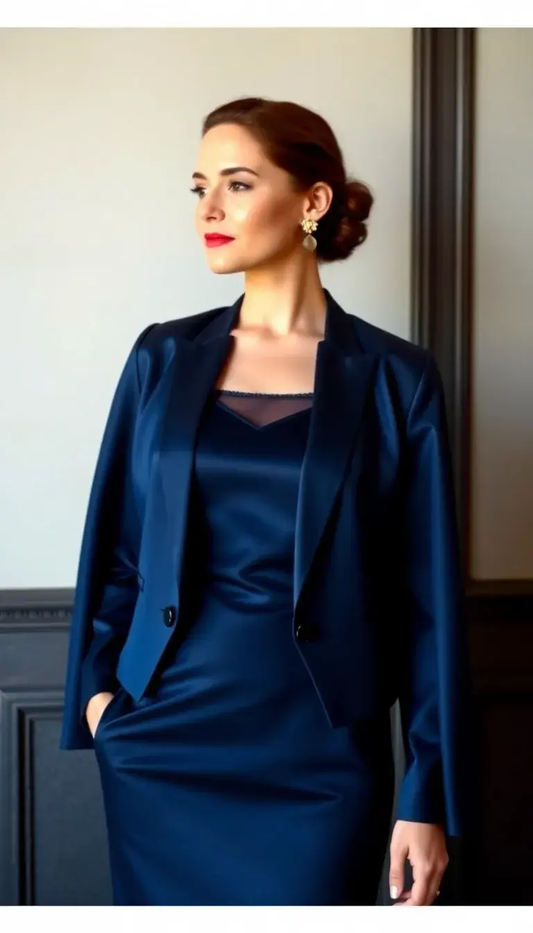 Navy Satin Sheath Dress with Matching Jacket