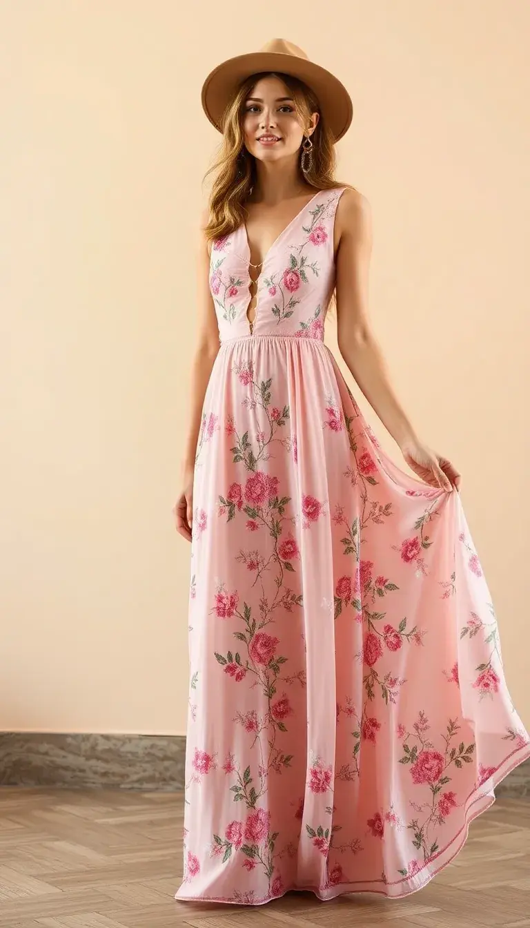 Blush Pink Floral Embroidered Maxi Dress