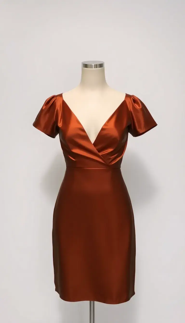 Brown Satin Dress with v-neck