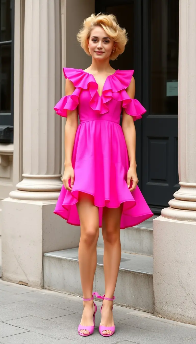 Bright pink dopamine dress with ruffles
