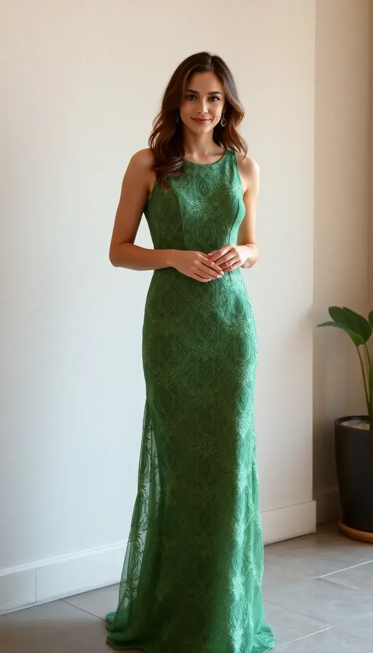 Green fall lace wedding guest dress