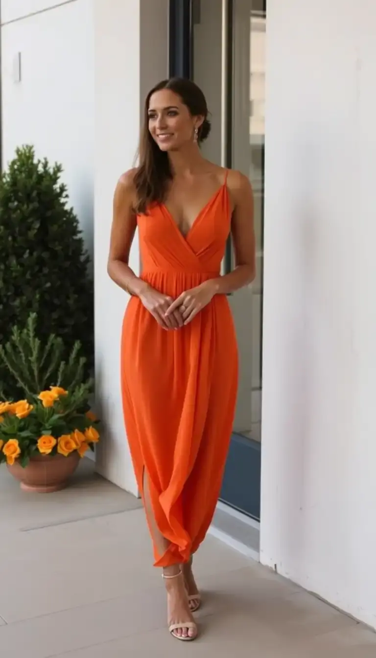 Orange fall chiffon wedding guest dress