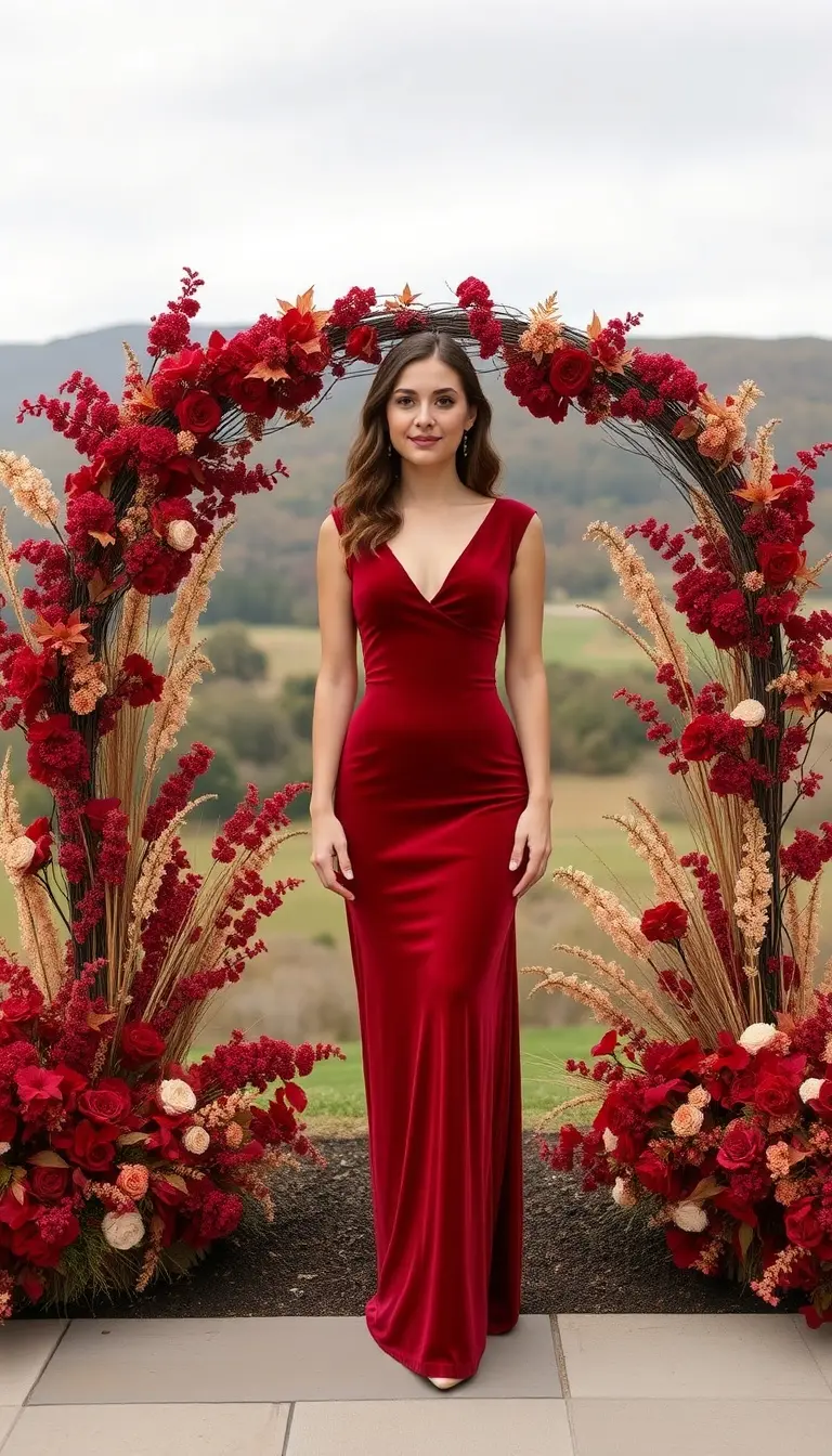 Red fall velvet wedding guest dress