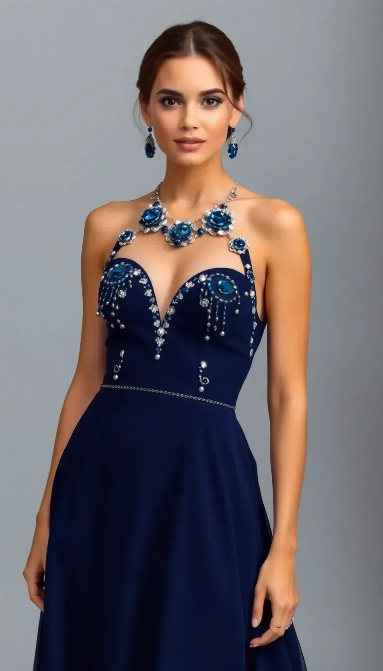 Navy Blue Cocktail Dress with Beads