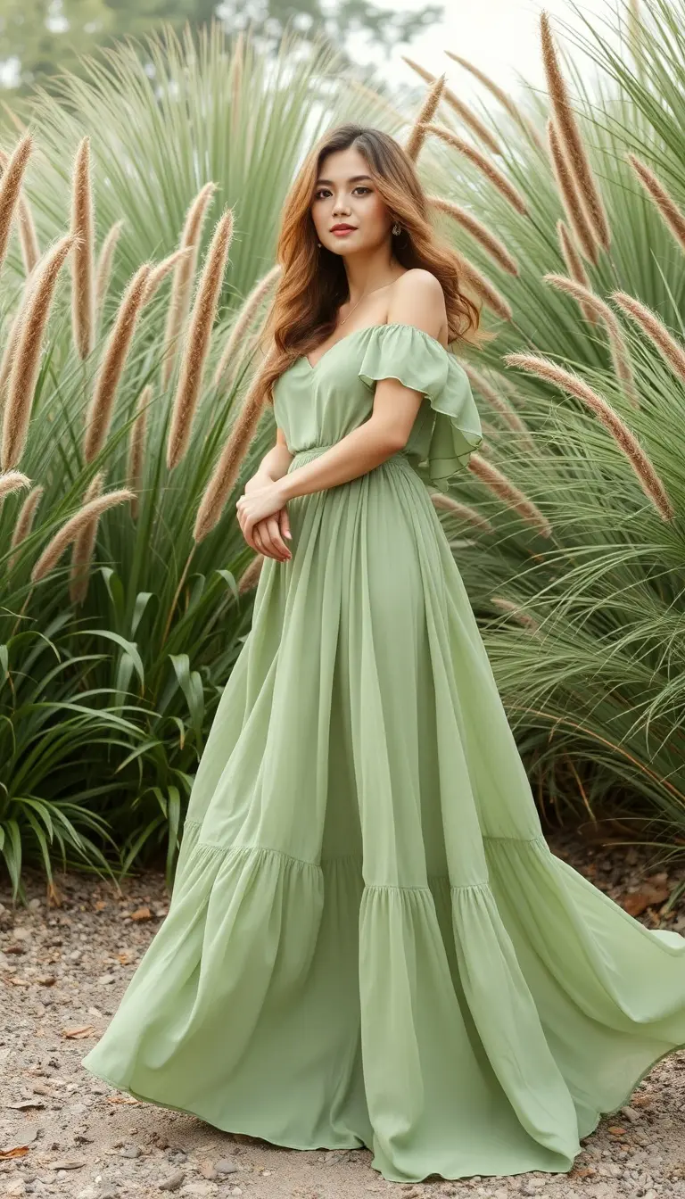Sage green maxi dress with flowy skirt