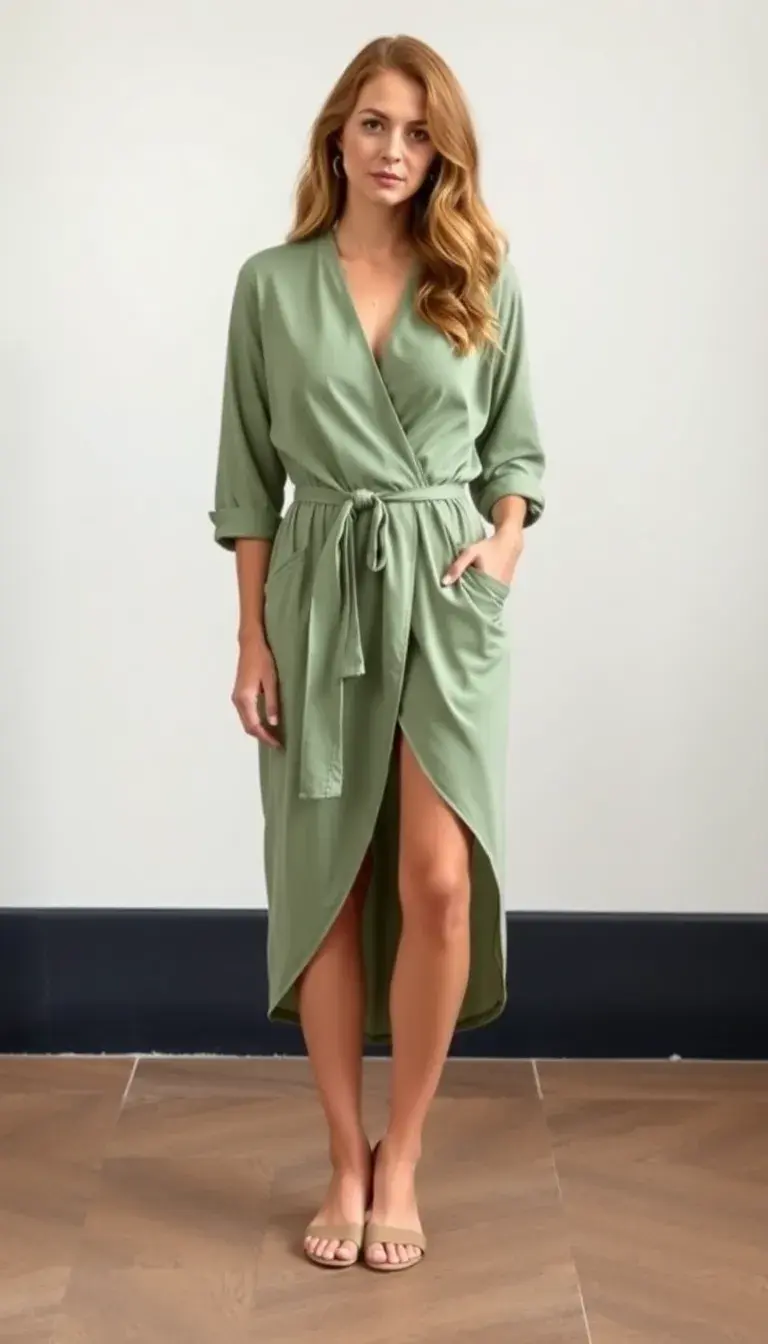 A sage green wrap dress