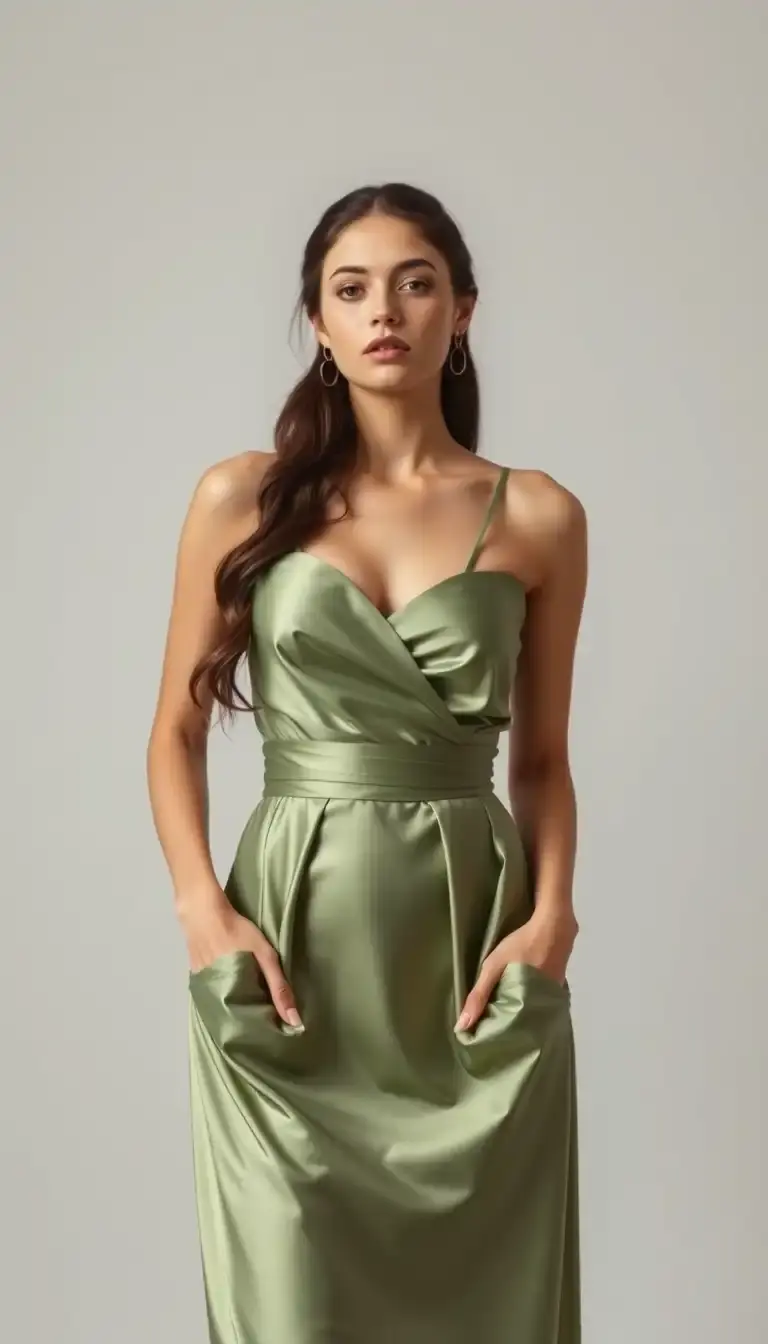 A sage green satin dress