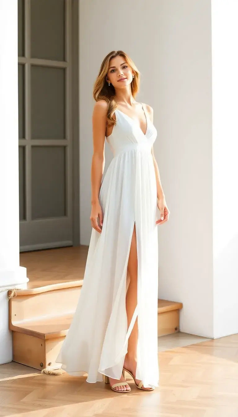 Chiffon white maxi dress with slit