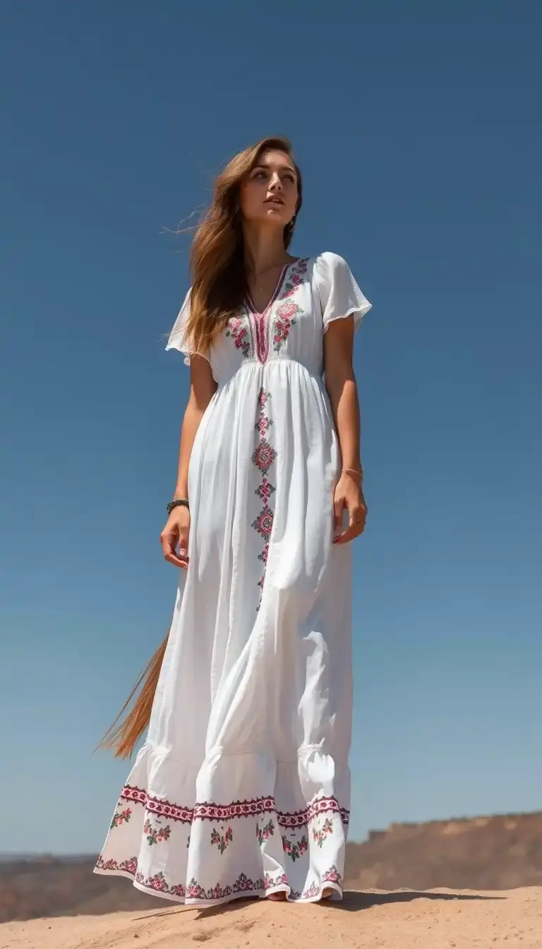 Boho white maxi dress with embroidery