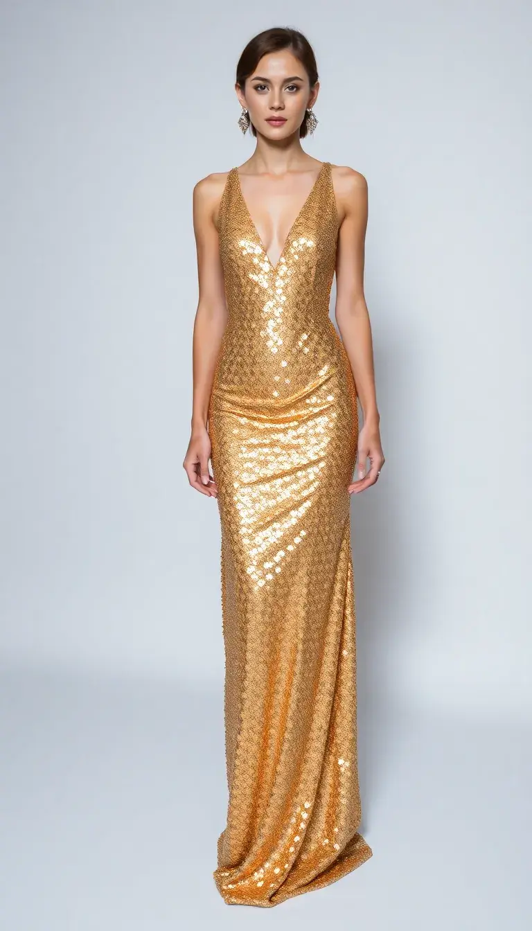 Gold evening sequin dress