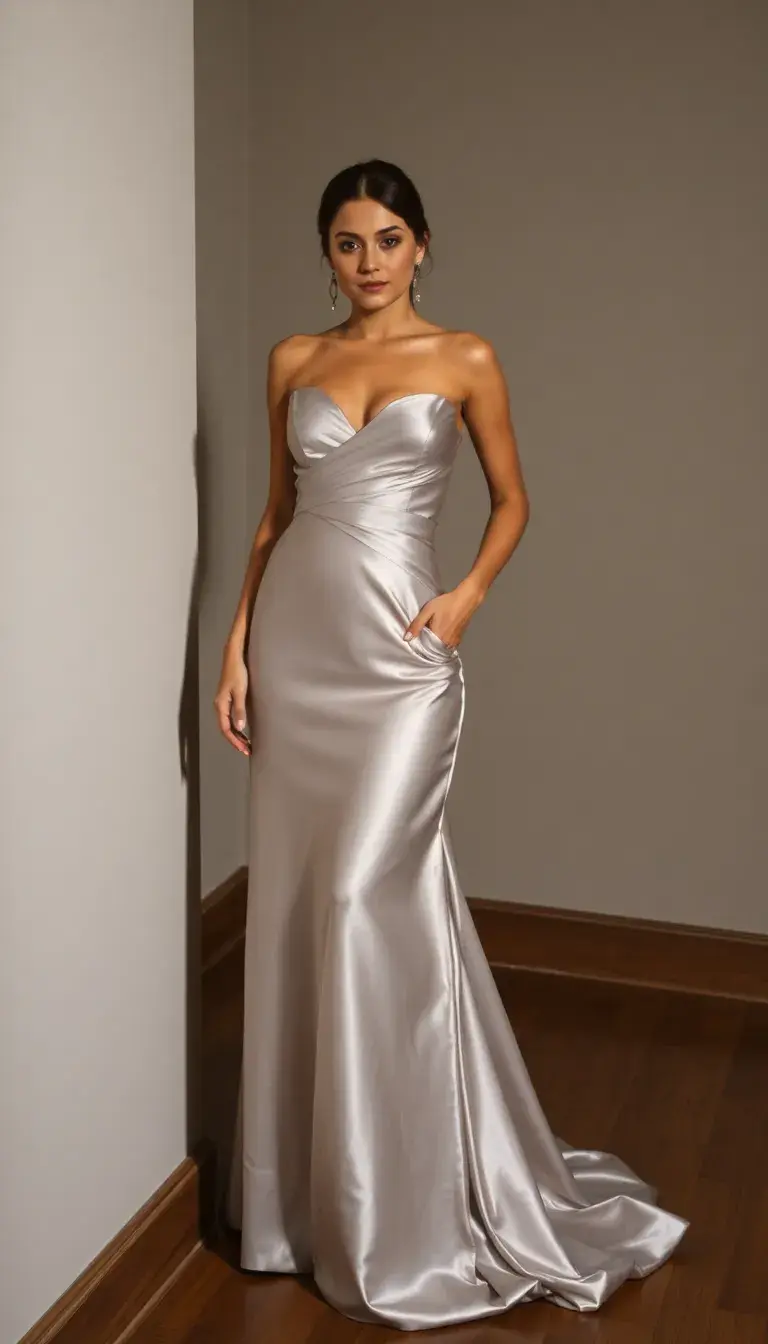 Silver evening satin dress