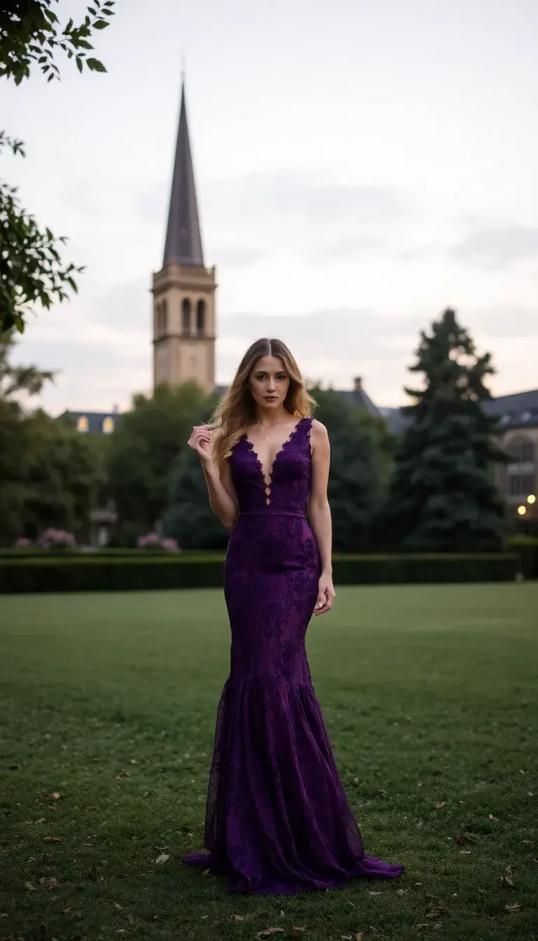 Purple evening lace dress