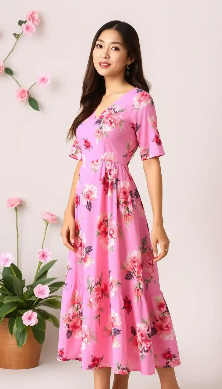 Pink Floral Drop Waist Dress