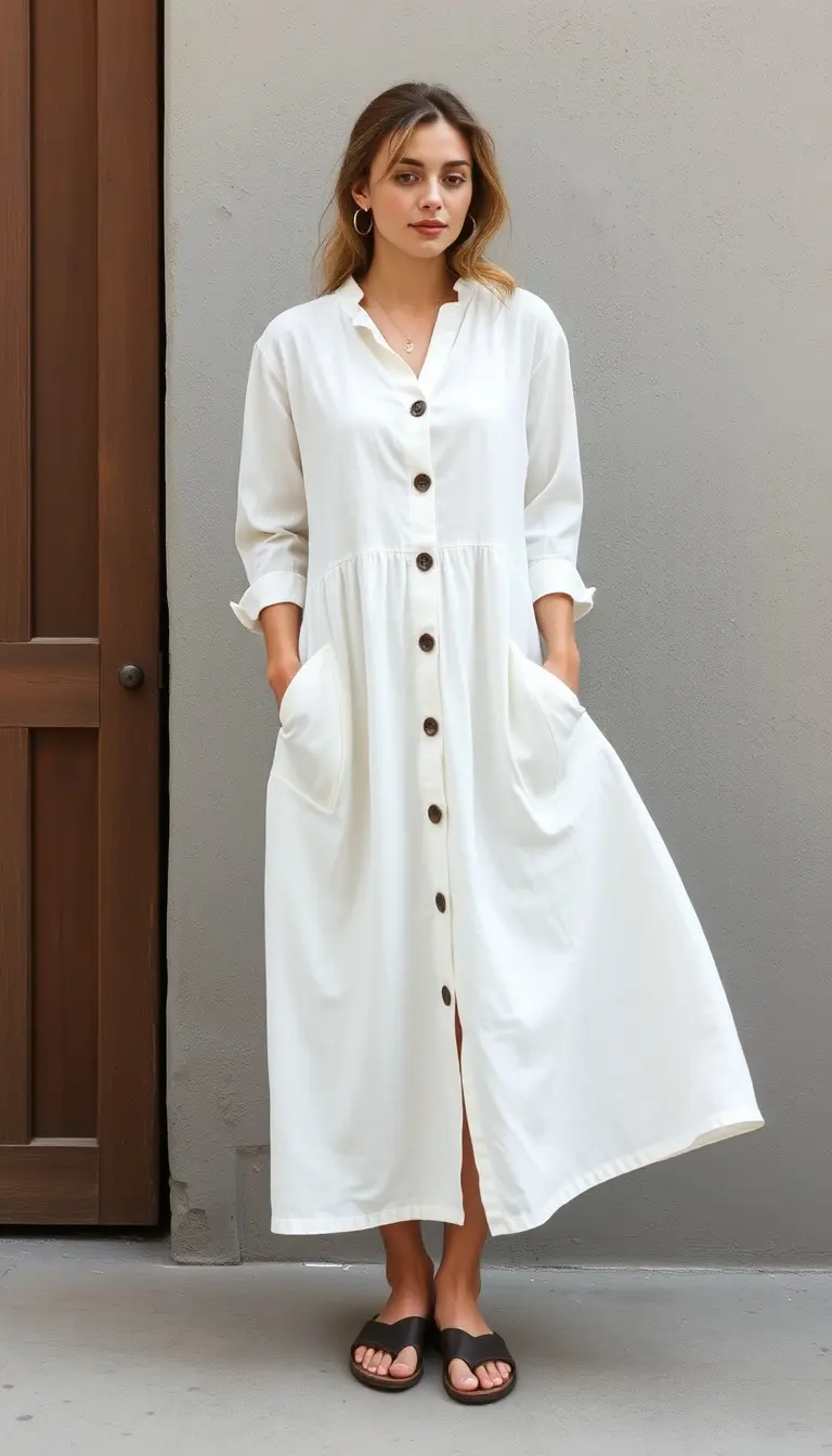 Linen maxi dress in white with buttons