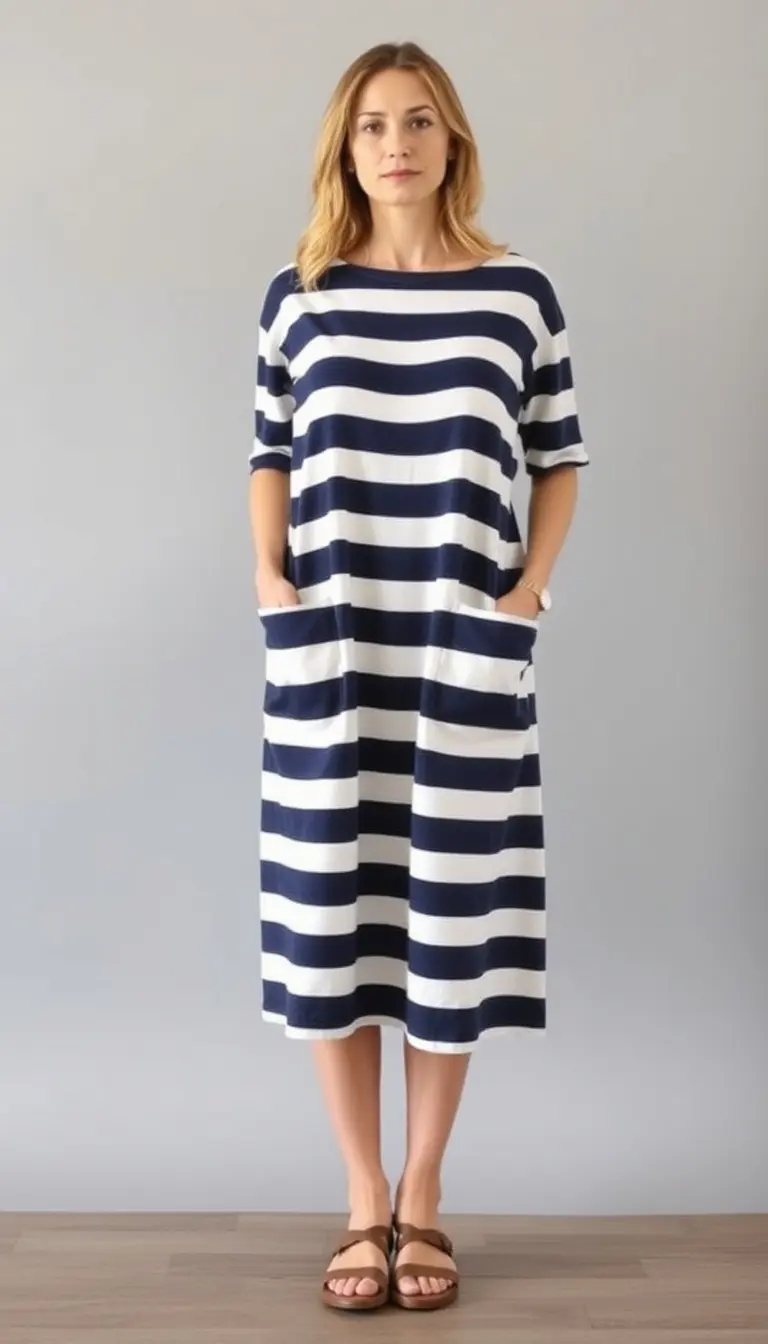 Cotton midi dress in stripes with pockets