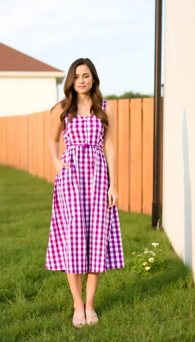 Purple Gingham Midi Dress