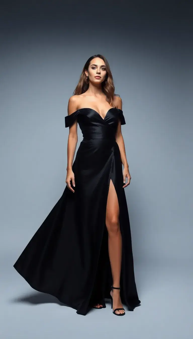 Black satin maxi dress with slit