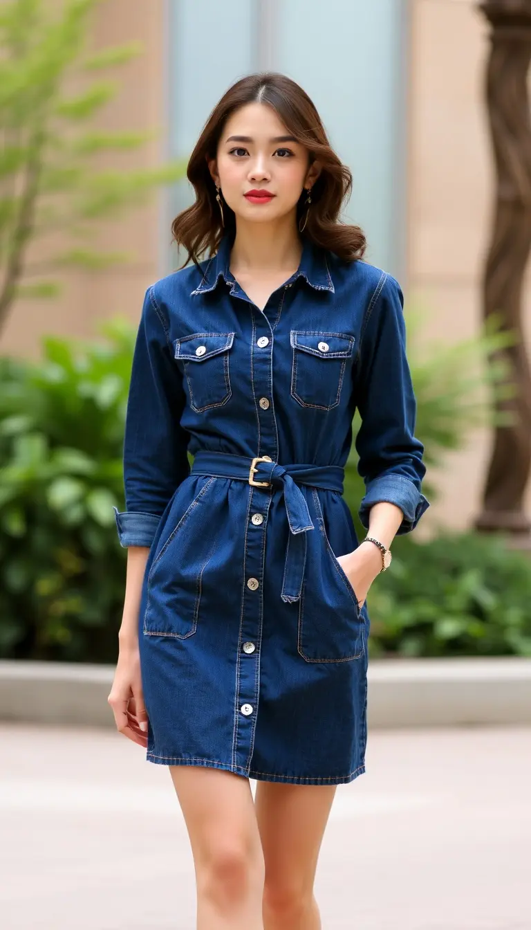 Button-Up Denim Dress with belt