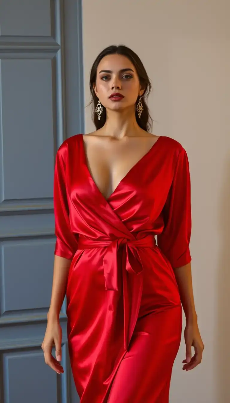 Satin Wrap Dress in red