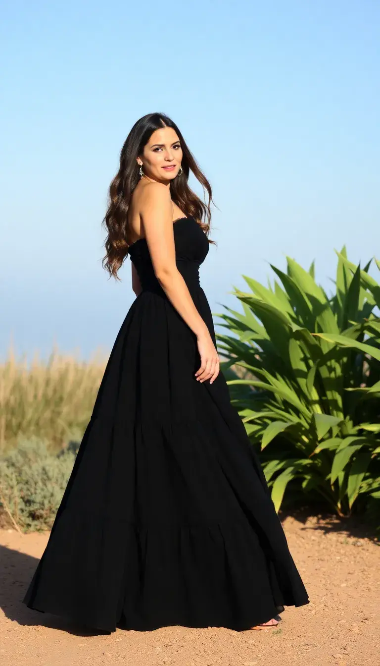 A black long sleeve maxi dress styled elegantly