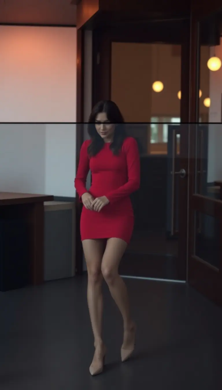 A vibrant red long sleeve mini dress
