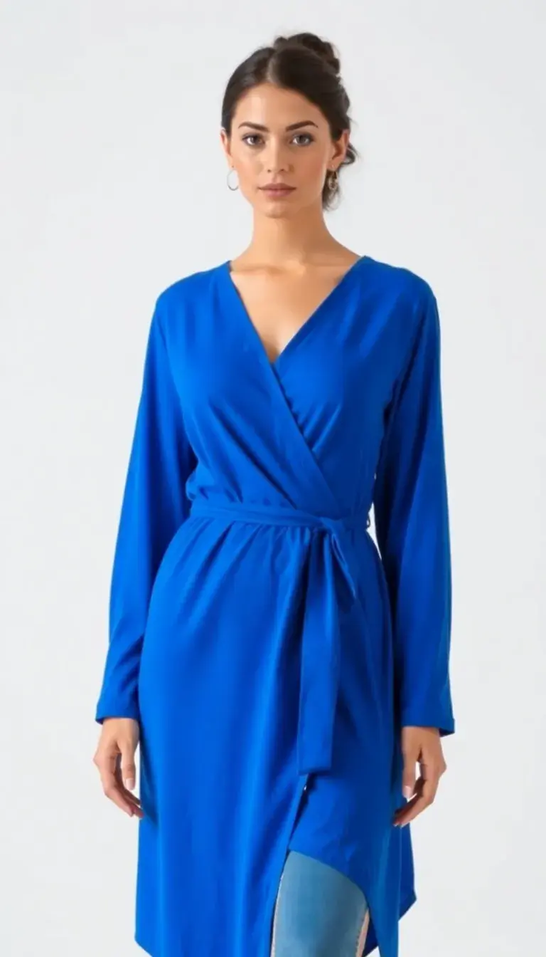 A blue long sleeve wrap dress showing off a flattering silhouette