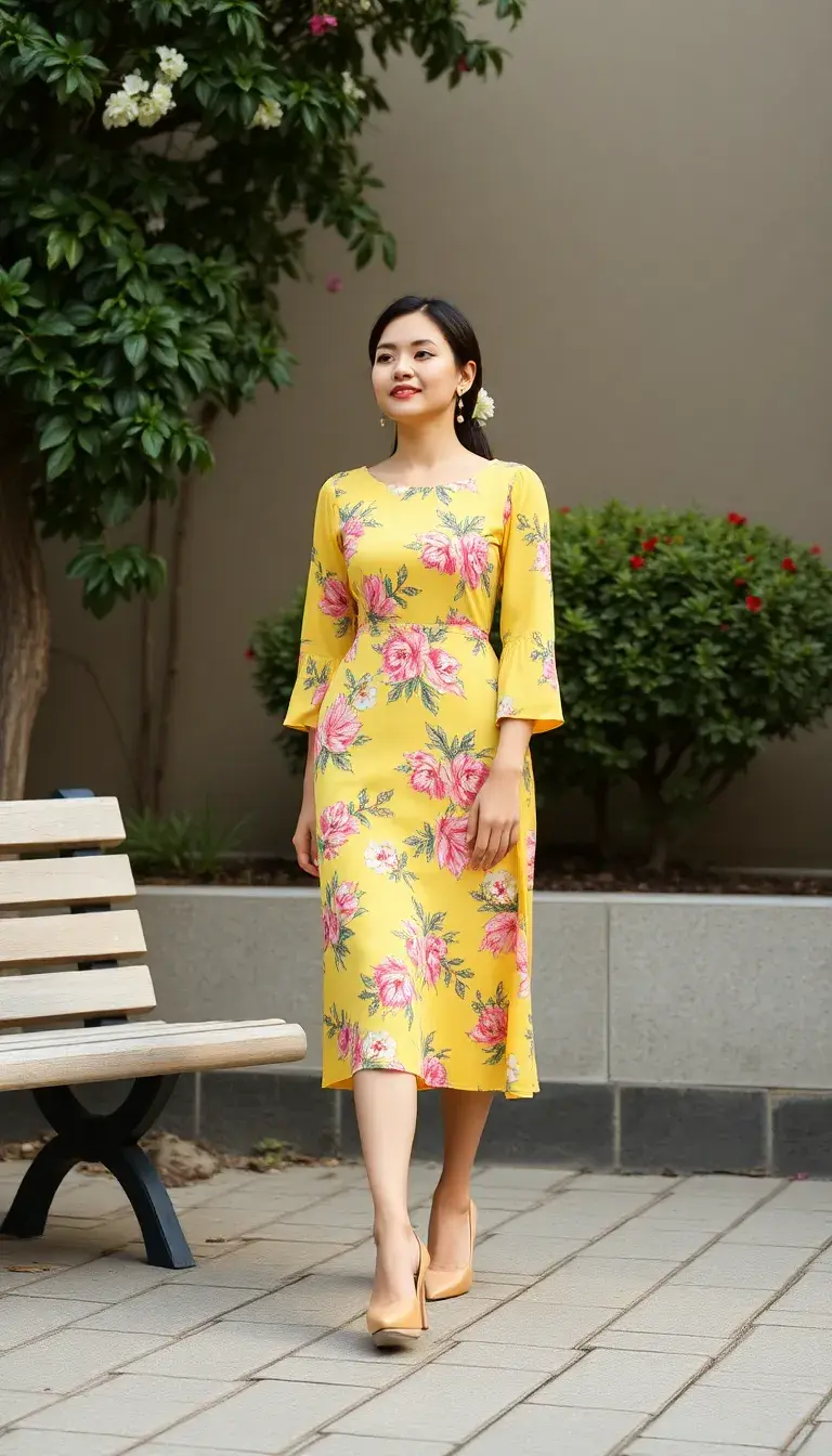 Floral yellow long sleeve dress for autumn