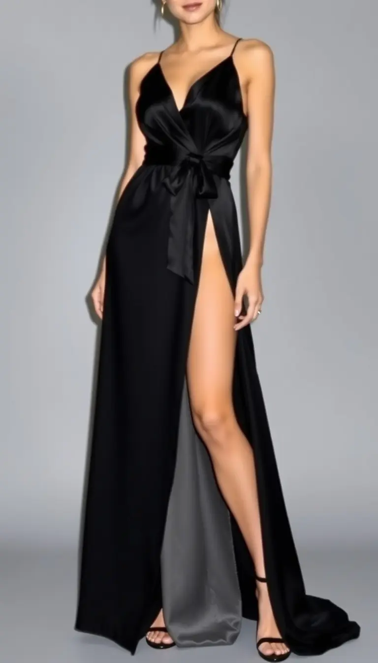 Satin Black Tie Dress with Slit